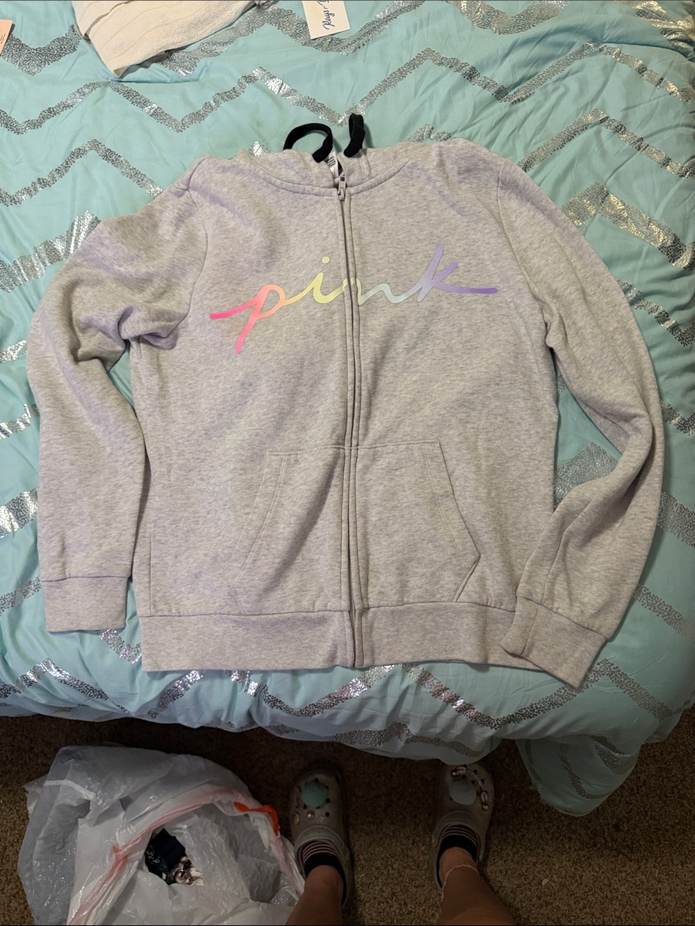 PINK Victoria's Secret Gray Zip Hoodie with Pastel Rainbow Script